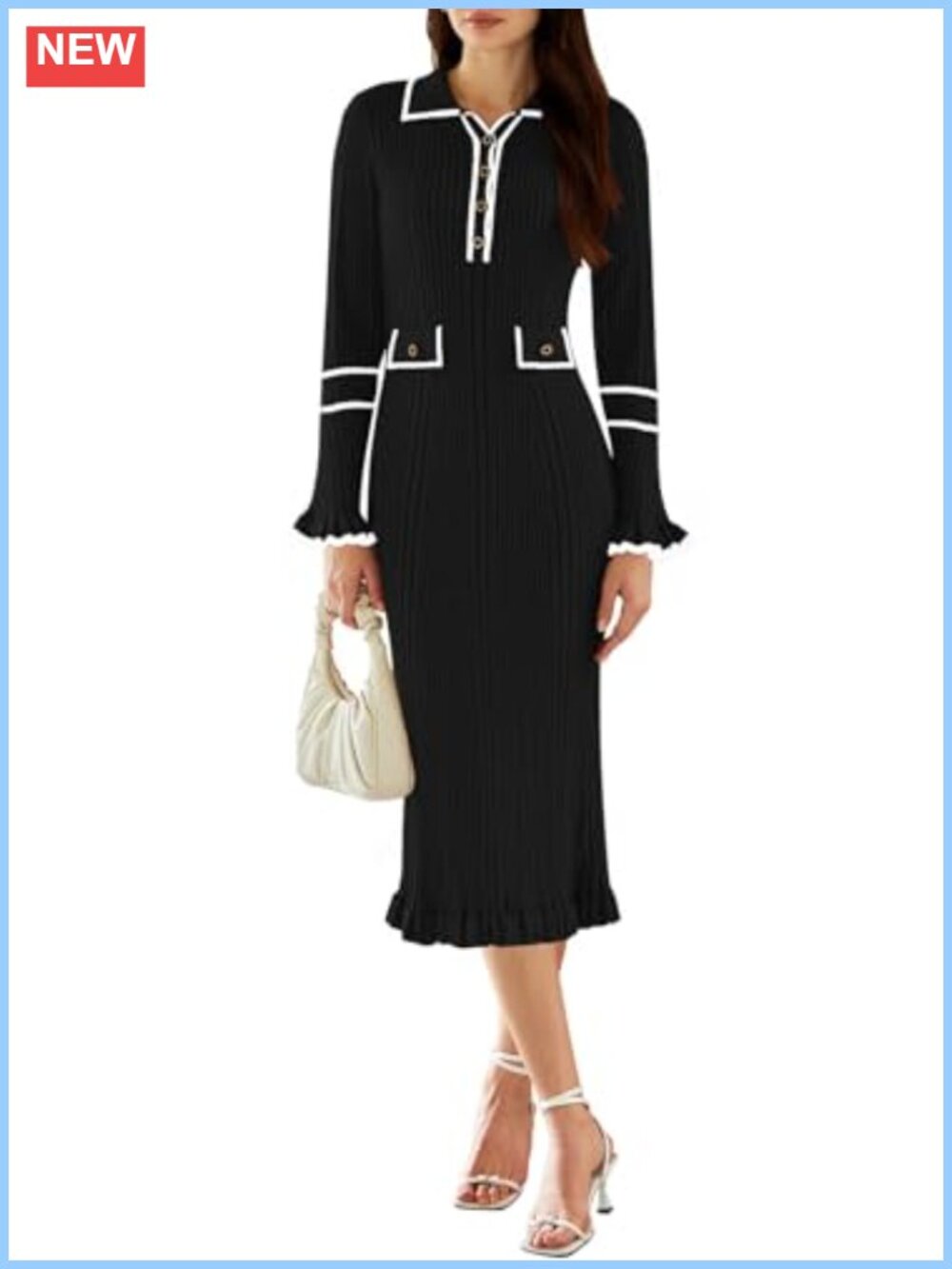 V Neck Bodycon Sweater Dress Long Sleeve Half Button Ribbed Knit Maxi